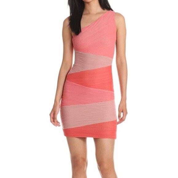 BCBGMaxAzria Kira Colorblock One Shoulder Ruched Bodycon Mini Dress. Size M - Picture 1 of 11